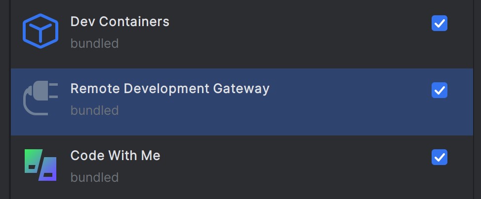 Image depicting a list of installed PyCharm plugins, with the &quot;Remote Development Gateway&quot; being installed and enabled.