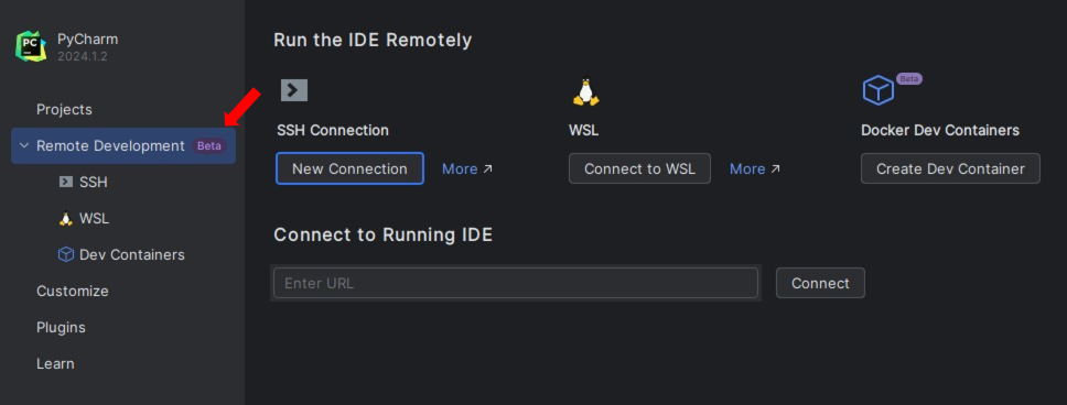 Image depiciting the welcome screen of PyCharm Professional, with the &quot;Remote Development&quot; Tab highlighted using red arrows.