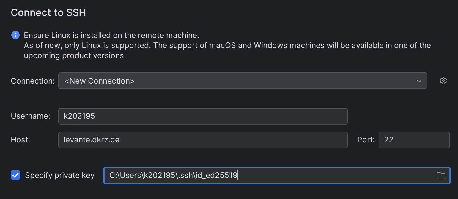 Image depicting the dialogue that opens when creating a new SSH connection on PyCharm. Includes fields for the username, the host name or address, and the port that should be used connected to.