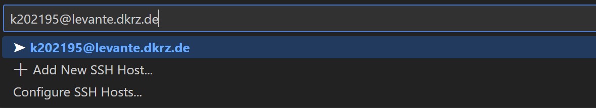 Image depicting the prompt to enter a remote SSH host, with k202195@levante.dkrz.de manually entered